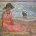 A girl in a pink robe by the sea